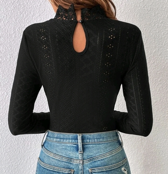 Guipure Adult  Lace Insert Eyelet Embroidery Mock Neck Tee Bodysuit - Picture 2 of 4